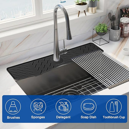 Faucet Mat for Kitchen Sink – 24” x 5.1” Extra-Long Silicone Splash Guard with 10° Slope & Upgraded Drainage – Gen 3 Sink Water Catcher & Sponge Holder for Kitchen, Bathroom (Black)