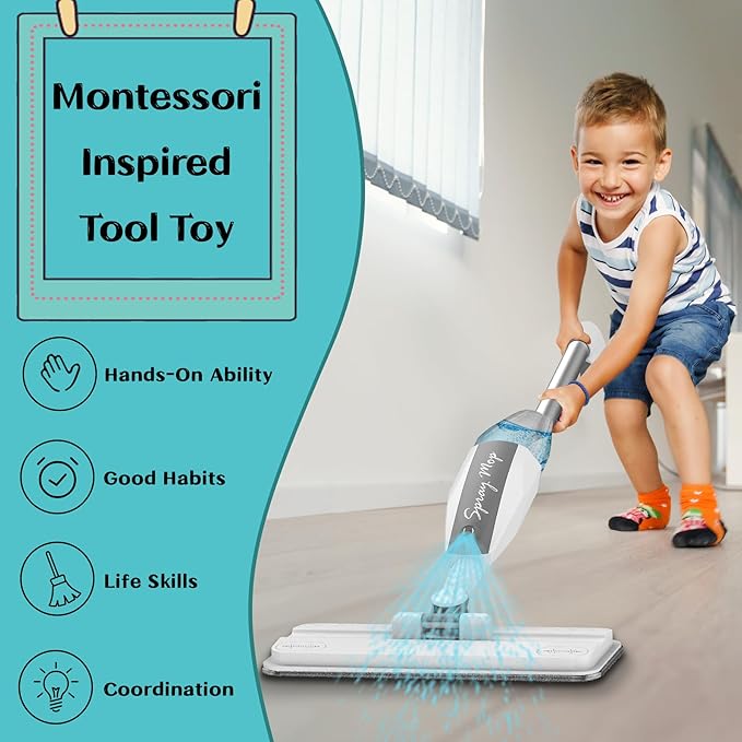 Toddler Mop that Really Works - Kids Spray Mop - Mini Size Cleaning Toy Set, Interactive Pretend Play Montessori Toys Gift for Toddlers Boys Girls Ages 3-6