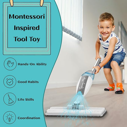 Toddler Mop that Really Works - Kids Spray Mop - Mini Size Cleaning Toy Set, Interactive Pretend Play Montessori Toys Gift for Toddlers Boys Girls Ages 3-6