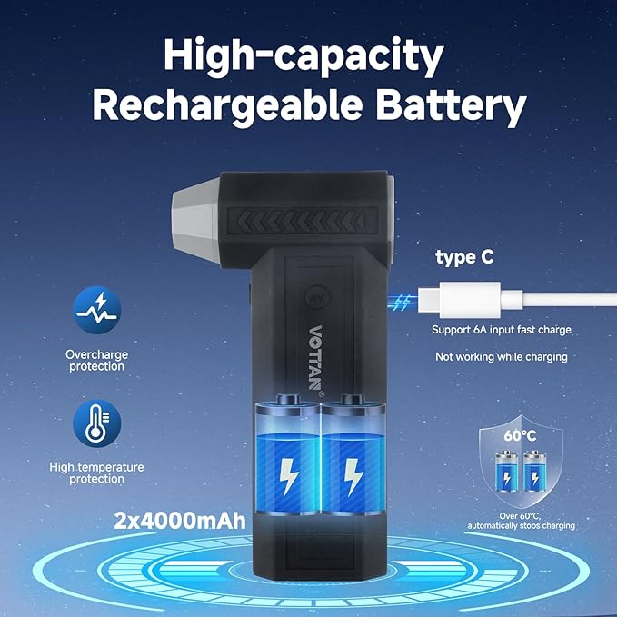 VOTTAN Compressed Air Duster Cordless 3-Speed Adjustable Rechargeable Mini Blower for Computer Keyboard, Car Cleaning, Home