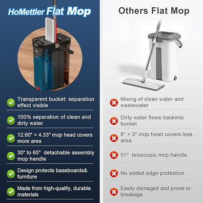 HoMettler Transparent Mop and Bucket Set with Separate Dirty & Clean Water, 65" Flat Mop for Floor Cleaning, 4 Machine Washable Microfiber Pads for Wood Tile-Black