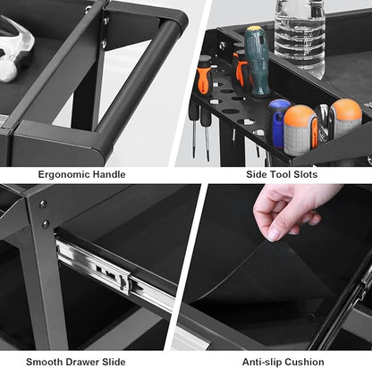 GSTANDARD APTB311B Torin 3 Layer Rolling Tool Cart: Heavy Duty Utility Cart with One Slide Drawer and Tool Organizer for Home, Garage, Warehouse and Auto Shop, Black