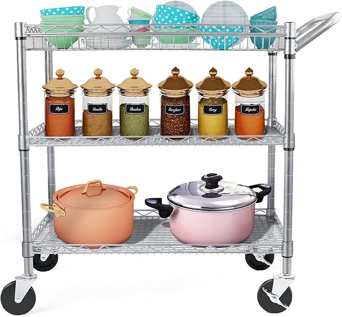 WDT Heavy Duty 3 Tier Utility Cart,Wire Rolling Carts with Wheels, Commercial Grade Service Cart with Shelving Liners and Handle Bar Metal Carts for Kitchen Office Hardware