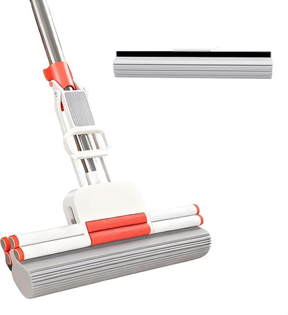 PVA Sponge Mop with Extra 13-inch Replacement Heads, Double-Row Roller Wringing Mop, Stainless Steel Super Absorbent Floor MSuitable for Tile and Solid Wood Floors