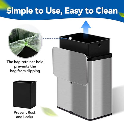 Kitchen Compost Bin with Lid, 2.1 Gallon Stainless Steel Trash Can for Countertop or Under Sink, Hanging Small Kitchen Trash Bin with Removable Inner Bucket, Charcoal Filter for Odor Control