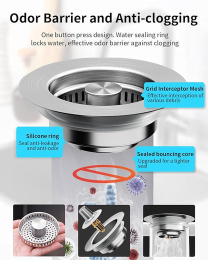 3 in 1 Kitchen Sink Drain Strainer [304 Stainless Steel Pop Up] Anti-Clogging Kitchen Sink Drain Stopper Stainless Steel Drainage Odor Filter Sink Plug for Us Standard 3-1/2 Inch (2 Pack)