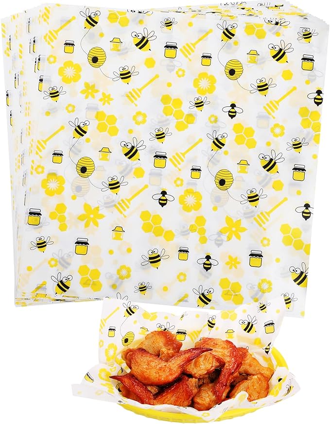 GeeRic 100 Pcs Wax Paper Sheets for Food, 12 * 12 Inch Bee Day Wax Paper Sandwich Wrap Deli Wraps, Oil-Proof Picnic Basket Liners with Bee Pattern for Memorial Day