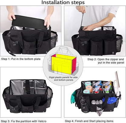 Large Wearable Cleaning Caddy Bag with Detachable Divider, Cleaning Organizer with Handles, Cleaning Supply Tote with Adjustable Shoulder Strap&Waist Belt for Cleaners & Housekeeper (Black)