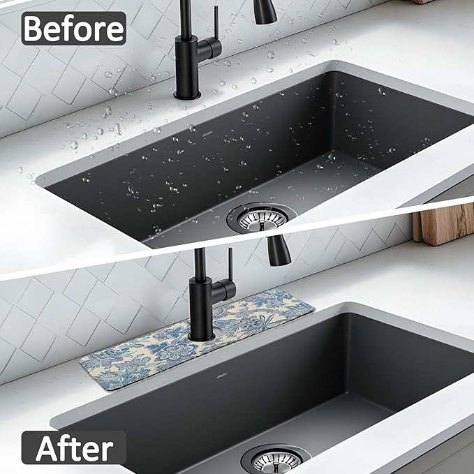 15" X 5.5" Kitchen Sink Splash Guard Faucet Mat Floral Super Absorbent Fast Drying Faucet Guard & Draining Mat Sink Splash Guard Behind Faucet for Kitchen, Bathroom