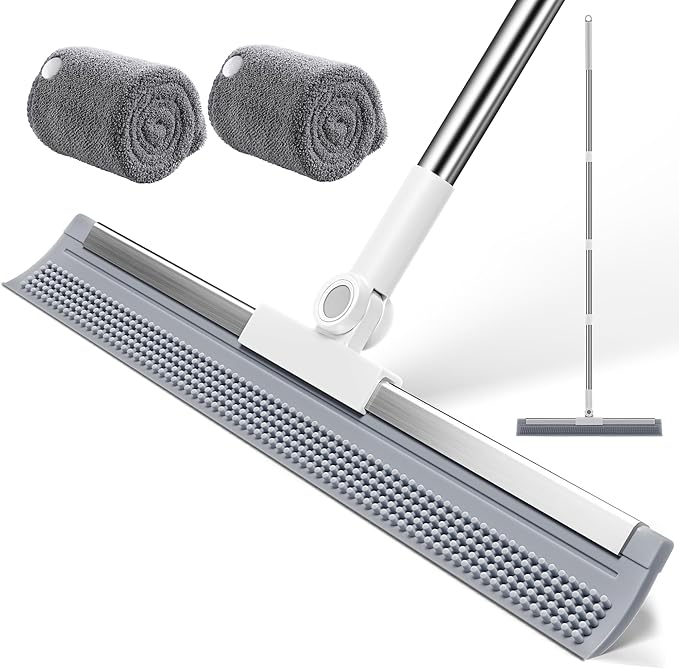 Floor Squeegee Broom, 2 in 1 Magic Broom with Rubber Scrubbing Teeth and Long Handle, Shower Floor Squeegee for Bathroom, Kitchen, Tile, Concrete, Garage, Pet Hair and Water