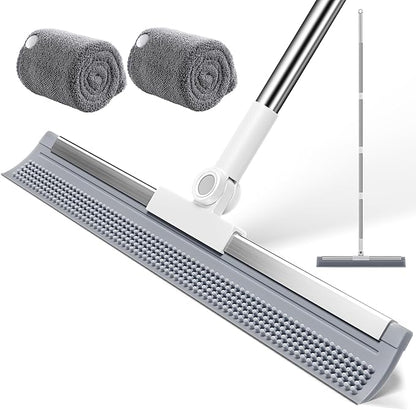 Floor Squeegee Broom, 2 in 1 Magic Broom with Rubber Scrubbing Teeth and Long Handle, Shower Floor Squeegee for Bathroom, Kitchen, Tile, Concrete, Garage, Pet Hair and Water