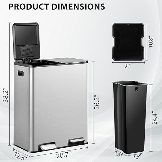 SUPER DEAL Kitchen Trash Can 16 Gallon 60L Dual Stainless Steel Garbage and Recycling Can with Foot Pedal for Kitchen, Living Room, Office, Removable Inner Buckets Soft Close Lid Odor Proof, Silver