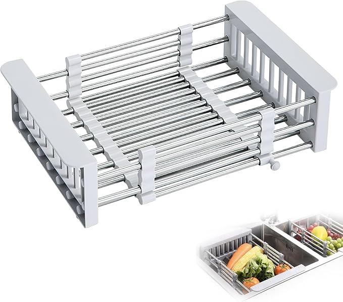 COVRA Stainless Steel Over-Sink Dish Drying Rack – Versatile Kitchen Organizer for 11″–19″ Square Sinks – Effortless Drying for Dishes, Fruits & Vegetables (Gray)