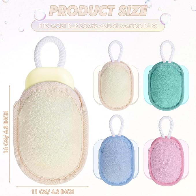 Sunnyray 4 Pcs Bath Body Exfoliating Soap Saver, Exfoliator Scrubber Pouch, Bath Loofah Sponge Body Scrubber Shower Sponge Exfoliating Mesh Pouf for Women and Men Bathing (Light Color)