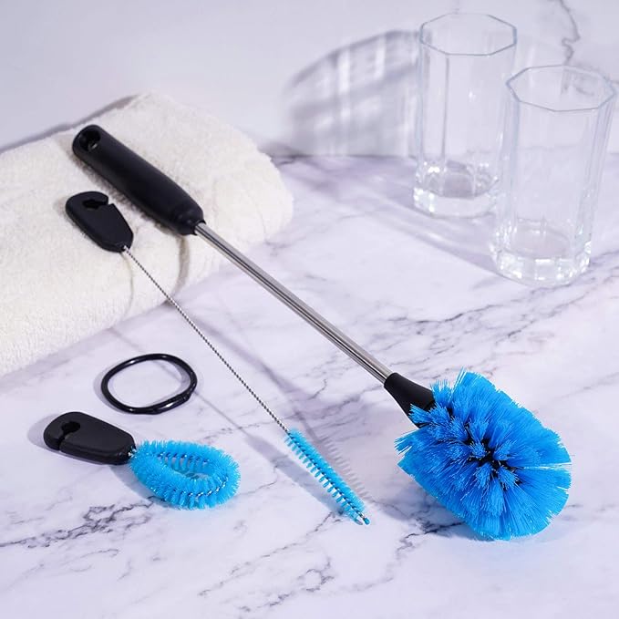 MOSOLAN 3-in-1 Stainless Steel Bottle Brush and Straw Cleaning Set, Long Handle Scrub Brush with Replaceable Head for Water Bottles, Glasswares, Mugs, Flasks, Tumblers, Vases, Round Head