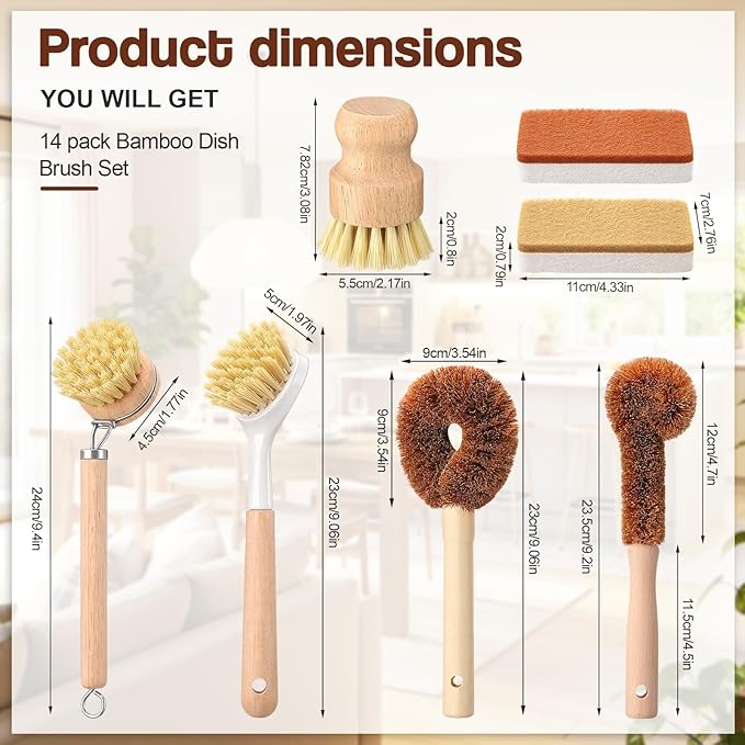 Sliner 14 Pcs Bamboo Dish Brush Set, Wooden Dish Brush with Long Handle Sisal and Palm Fiber Natural Wooden Kitchen Sponge for Pots Pans Bottle Sink Vegetables Household Cleaning