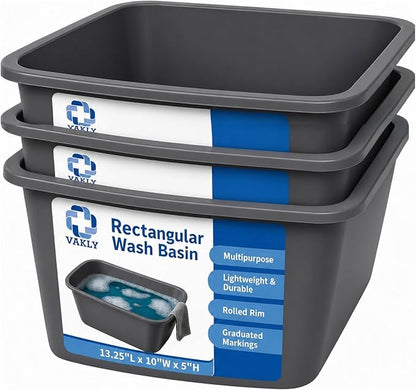 Vakly Wash Basins – Rectangular Plastic Hospital Bedside Soaking Tub - Small 7 Qt Graduated Bucket - Portable Washbasin for Washing, Cleaning, Foot Bath, Dishes, Face Cleansing Bowl (3)
