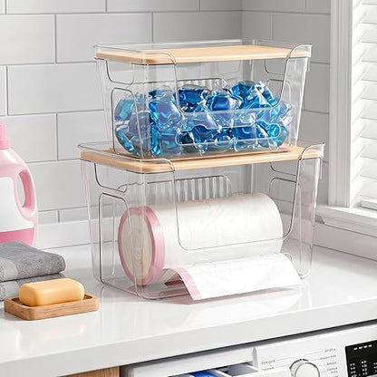 CANTAMI 2 Pack Trash Bag Dispenser with Lid, Plastic Stackable Trash Bag Holder, Clear Organizer Bins for Kitchen, Laundry Room, Under Sink Organization and Storage
