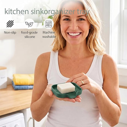 MicoYang Silicone Bathroom Soap Dishes with Drain Spout-Bathroom and Kitchen Sink Organizer,Sponge Holder,Dish Soap Tray,Perfect for Dispenser,Scrubber,Bottle,Cup on Sink or Counter-Green 4.9"×3.2"