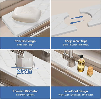 Kitchen Sink Mat, Stone Faucet Mat for Kitchen Sink with Raised Feet, Water Absorbing Stone Tray for Sink, Faucet Splash Guard, Kitchen Accessories, Matte white, 15.8" x 4"