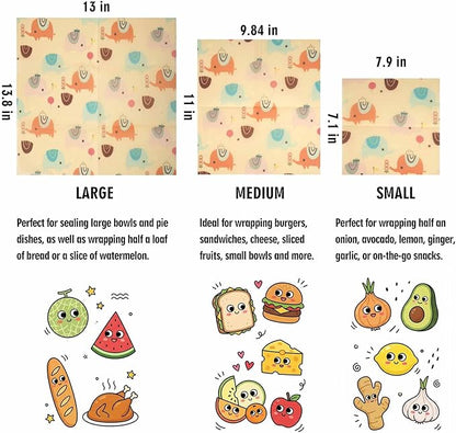 Beeswax Wraps for Food, Elephant 3 Pack (S, M, L) Reusable Food Wraps, Bread Sandwich Wrap, Zero Waste, Organic, Plastic-Free Food Storage Wrap