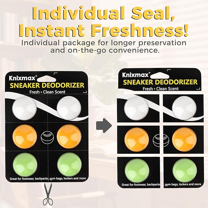 Knixmax Shoe Deodorizer Balls Strong, Odor Eliminator for Sneaker Gym Bag Closet Locker, Work Boot Drawer Freshener, Unpleasant Smell Remover Ball for Men Women Teens, 6 Packs Vanilla Mint Lemon