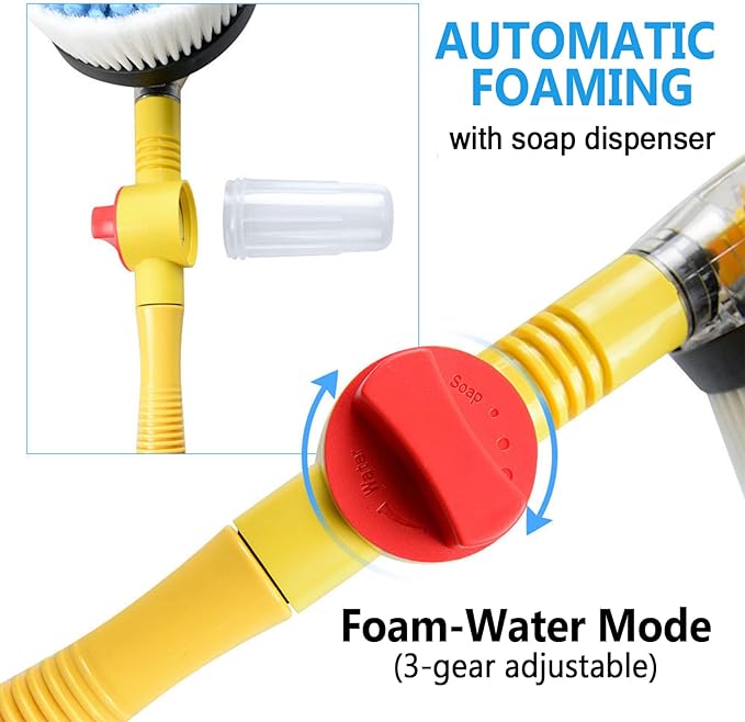 Rotating Car Wash Brush with Soap Dispenser & Hose Attachment, Soft Bristle Car Spin Mop Washing Scrub Brush Long Handle, Water Flow Through High Pressure Car Cleaning Brush Kit (Yellow)