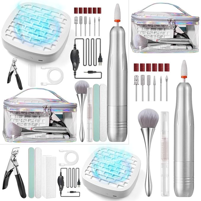 Nail Drill with Dust Collector Kit: 20000RPM Professional Electric Nail File for Acrylic Gel Removal, Manicure Pedicure Polishing, Complete Nail Tool Set in Cosmetic Bag for Home Beginners (Silver)