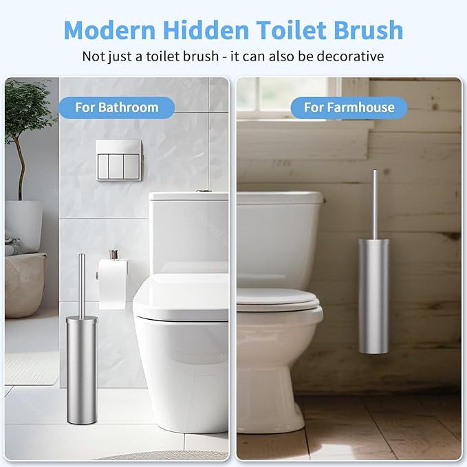 Stainless Steel Toilet Brush and Holder Set Brushed Silver Heavy Duty Toilet Bowl Brush with Long Handle for Bathroom and Farmhouse (Silver-2)