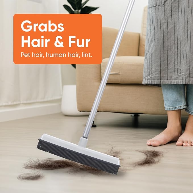 Rubber Bristle Broom for Hardwood Floors, Tiles, Carpets, Wood, and Vinyl Salon Broom, Rubber Squeegee Broom, Rug Broom, Rubber Rake for Human Hair, Pet Hair, Fur, Lint, Liquid, Grey, by Superio