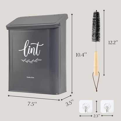 Perfnique Magnetic Lint Bin for Laundry Room with Lint Brush, Wall Mounted Lint Holder Trash can with lid for Dryer, Modern Farmhouse Rustic Metal Laundry Room Storage Organization and Decor(Gray)