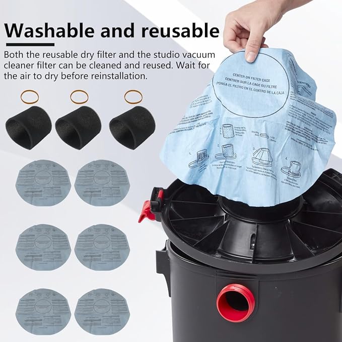 XSPANDER 6x Filters 90107/90137 and 3x Foam Sleeve 90585 & 3x Retaining Bands Fit for shop vac mini 1 gallon: 2011600(2E200); 1x1 vac: 2010100; Fit for Shop vac hang up (2015 Model)（12 Pieces)