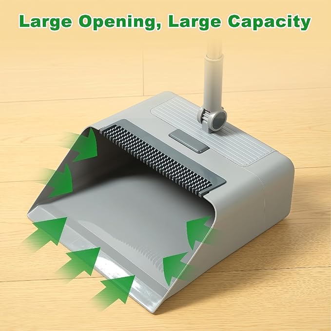 3in1 Broom and Dustpan Combo with Cleaning Teeth, Adjustable Long Handle, 180° Rotating Broom,Ideal for Pet Hair, Indoor Outdoor Heavy Duty Floor Sweeping (Gray)