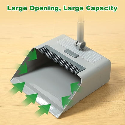 3in1 Broom and Dustpan Combo with Cleaning Teeth, Adjustable Long Handle, 180° Rotating Broom,Ideal for Pet Hair, Indoor Outdoor Heavy Duty Floor Sweeping (Gray)