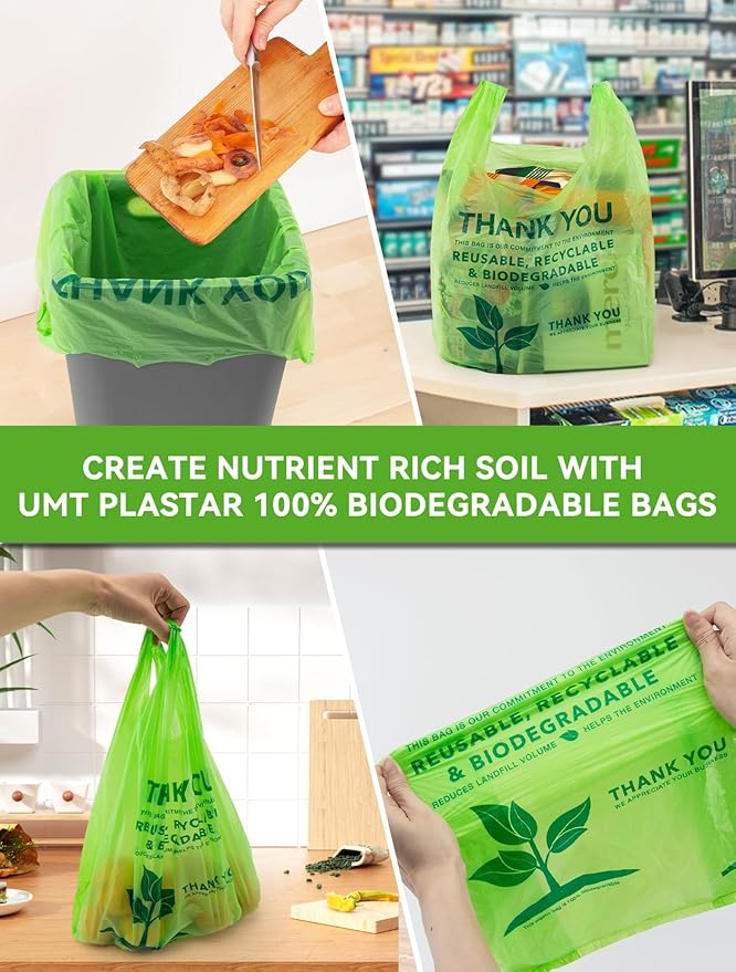 UMT Plastar 200 Count Biodegradable T-Shirt Bags, Compostable Thank You Grocery Bags, Eco Friendly Plastic Shopping Bags, 11.5 x 6.25 x 21 Inch, 16 Mic Heavy Duty Retail Carry Out Bags