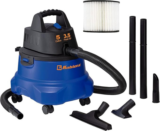 Koblenz WD-5 L2 Wet Dry Vacuum Cleaner, 5 Gallon Shop Vac 3.5 PHP, 3-in-1 Suction & Blower, Swivel Casters, Twist-N-Lock Hose, Large Vacuum Cleaners for Home, Workshop, Car, Blue/Black