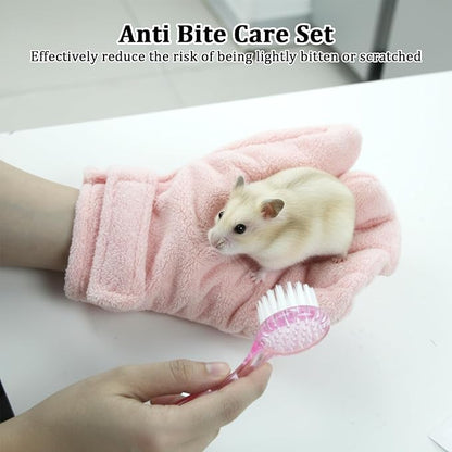 Hamster Bite Proof Glove and Grooming Brush Set, Adjustable Hamster Glove, Lid Soft Cleansing Brush Massage Combs, Guinea Pig Brush, Hamster Care Set for Hamsters, Ferrets, Hedgehogs (Pink)