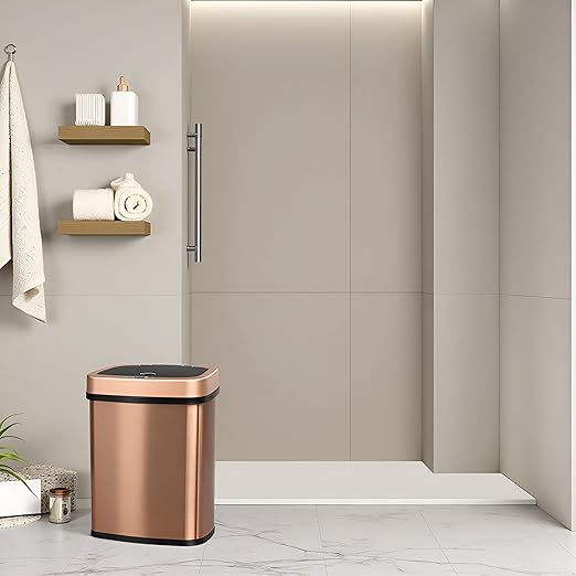 DZT-12-5 12L Stainless Steel Smart Waste Bin with Motion Sensor | Touchless Auto-Open Lid & Soft-Close for Bathroom, Kitchen & Office (Gold)