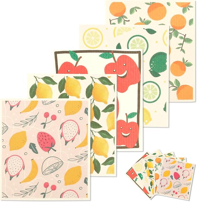 5Pcs Swedish Dishcloths for Kitchen, Quick-Drying Reusable Paper Towels, Absorbent Washable Kitchen Dish Rags, Soft Cellulose Sponge Cloths for Countertop Sink Flower Bird (5pcs Fruits)