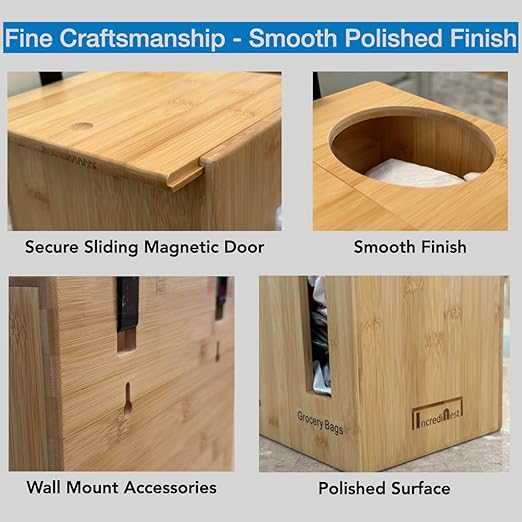 Grocery Bag Holder & Trash Bag Dispenser, Large 2-in-1, Extra Depth Fits 13 Gallon Rolls, Under Sink, Wall Mounted, Pantry, Bamboo