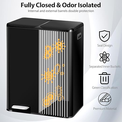 SUPER DEAL Kitchen Trash Can, 16 Gallon 60L Dual Garbage and Recycling Can with Foot Pedal for Kitchen, Living Room, Office, Removable Inner Buckets Soft Close Lid Odor Proof, Stainless Steel, Black