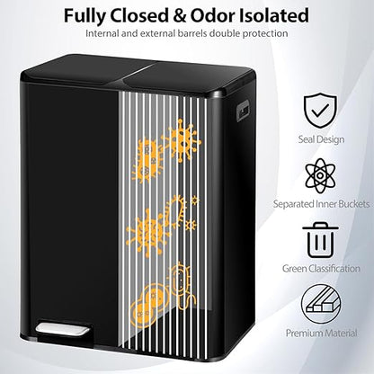 SUPER DEAL Kitchen Trash Can, 16 Gallon 60L Dual Garbage and Recycling Can with Foot Pedal for Kitchen, Living Room, Office, Removable Inner Buckets Soft Close Lid Odor Proof, Stainless Steel, Black
