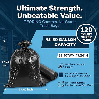 45-50 Gallon Black Trash Bags 120 Count - 38''x47'' Large Garbage Bags Unscented, 40+ Gallon Trash Can Liners, Multipurpose for Office, Outdoor, Yard and Commercial