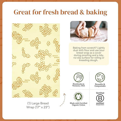 Bee's Wrap Beeswax Wraps for Bread - Beeswax Bread Wrap for Sourdough & Bread Storage - Plastic Free Made in USA Reusable Natural Food Wrap - Honeycomb