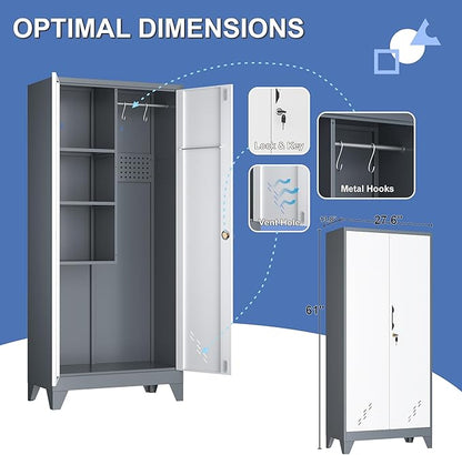 Metal Garage Storage Cabinets with Lock- 61" Tall Broom Closet Storage Cabinet & Pantry Organizer for Laundry Room, Home Office, Gym, School