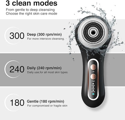 UMICKOO Electric Facial Cleansing Brush, 2-Way Rotating Face Scrubber for Daily & Deep Cleaning, 3 Modes, 5 Brush Heads, Rechargeable, IPX7 Waterproof for All Skin Types