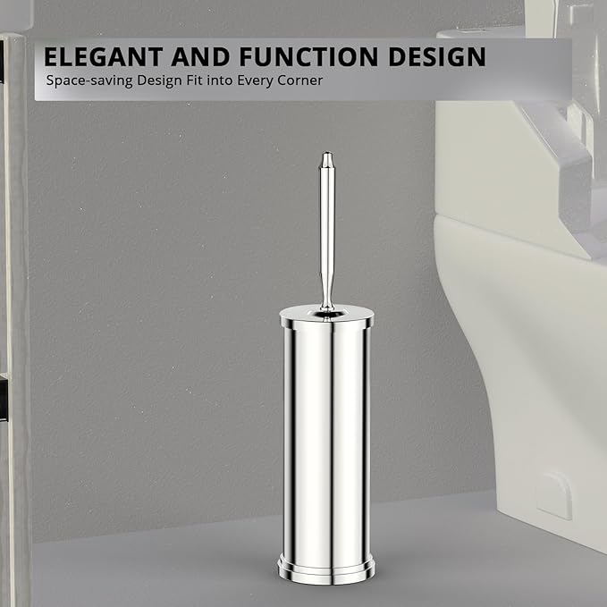 Premium 304 Stainless Steel Toilet Brush and Holder: Weighted Stable Base, Removable Inner Tube, Splash-Proof Design for 360° Thorough Cleaning & Space-Saving Storage,Chrome