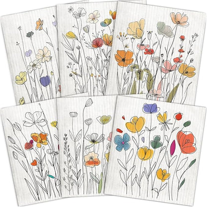 Swedish Dishcloths for Kitchen – 6 Pack Cellulose Reusable Cleaning Paper Towels – Soft, Quick-Drying, Washable Dish Rags for Kitchen, Counters & More (Watercolor Wildflowers)