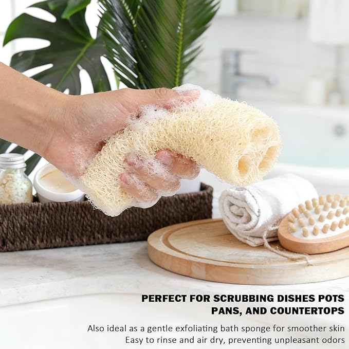 Natural Loofah Sponge, Exfoliating Body Scrubber, Plant-Based Bath Shower Sponge for Men & Women, Back & Face Cleansing, Natural Dish Scrubber (3 Pack)