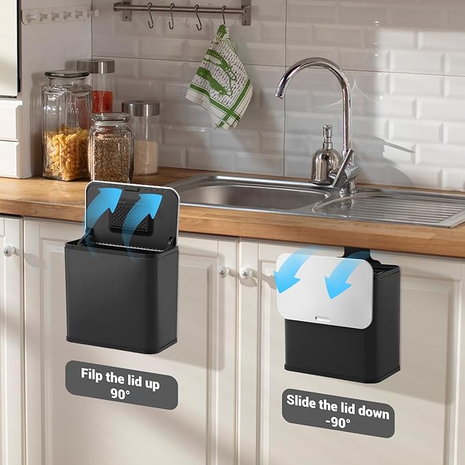 GarveeHome 1.3 gal/5L Countertop Compost Bin with Lid, Hanging Small Trash Can with Odor Control Charcoal Filter ＆ Bucket Under Sink for Kitchen, Hanging/Wall Mounted/Standing Food Waste Bin, Black